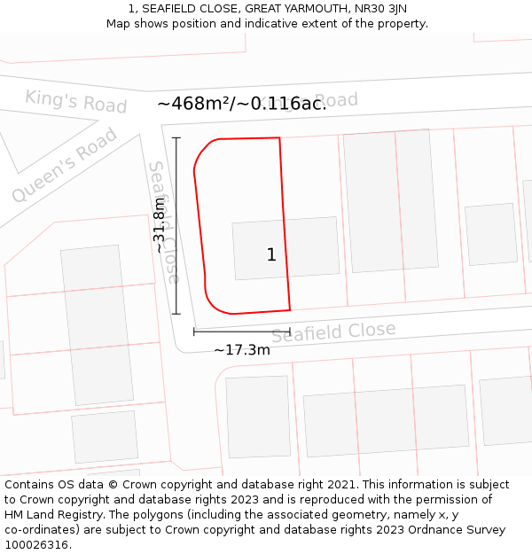 1, SEAFIELD CLOSE, GREAT YARMOUTH, NR30 3JN: Plot and title map