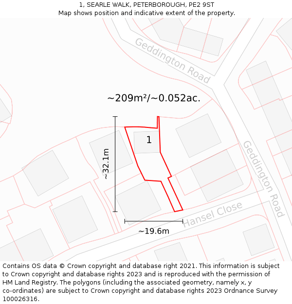 1, SEARLE WALK, PETERBOROUGH, PE2 9ST: Plot and title map