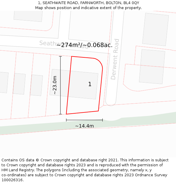 1, SEATHWAITE ROAD, FARNWORTH, BOLTON, BL4 0QY: Plot and title map