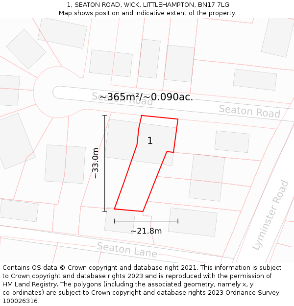 1, SEATON ROAD, WICK, LITTLEHAMPTON, BN17 7LG: Plot and title map