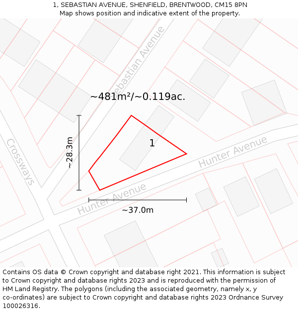 1, SEBASTIAN AVENUE, SHENFIELD, BRENTWOOD, CM15 8PN: Plot and title map