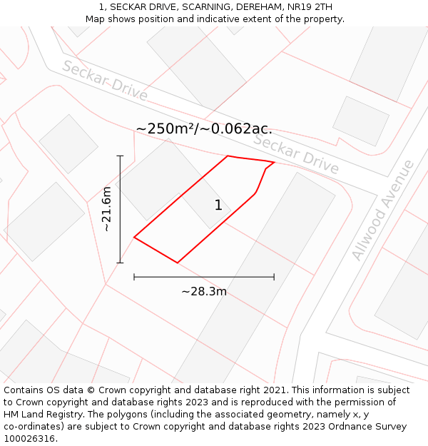 1, SECKAR DRIVE, SCARNING, DEREHAM, NR19 2TH: Plot and title map