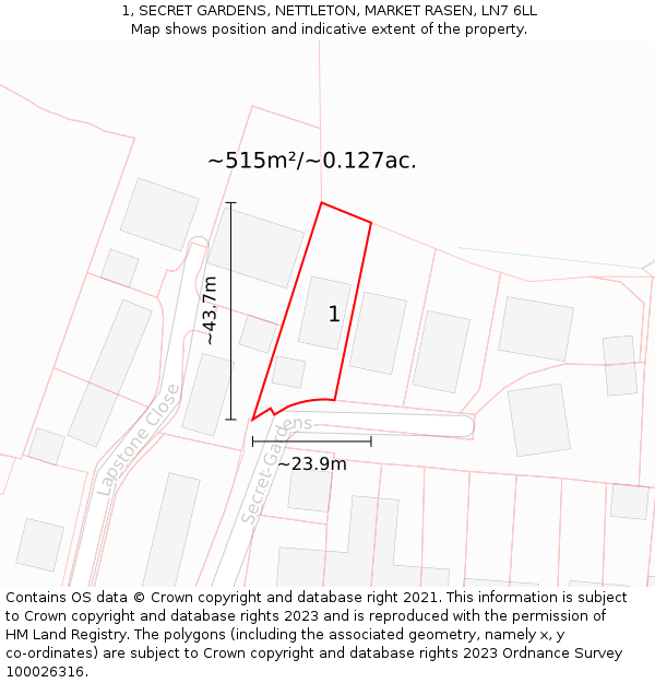 1, SECRET GARDENS, NETTLETON, MARKET RASEN, LN7 6LL: Plot and title map