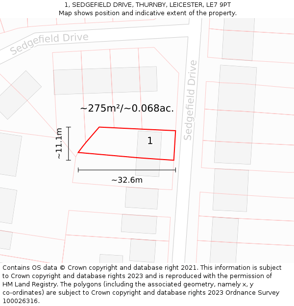 1, SEDGEFIELD DRIVE, THURNBY, LEICESTER, LE7 9PT: Plot and title map
