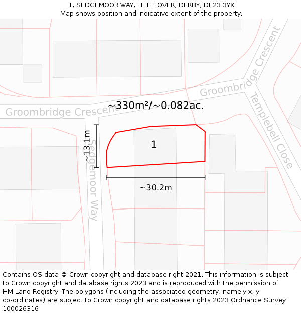 1, SEDGEMOOR WAY, LITTLEOVER, DERBY, DE23 3YX: Plot and title map
