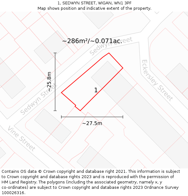 1, SEDWYN STREET, WIGAN, WN1 3PF: Plot and title map