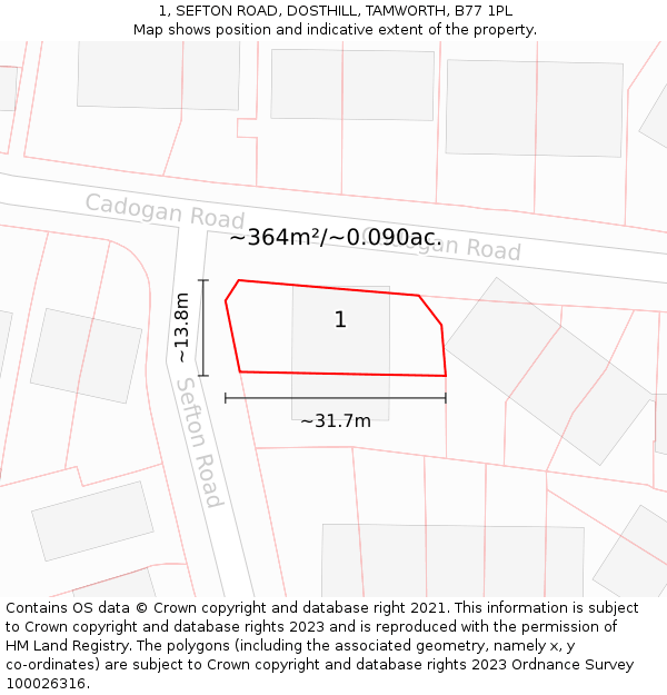 1, SEFTON ROAD, DOSTHILL, TAMWORTH, B77 1PL: Plot and title map