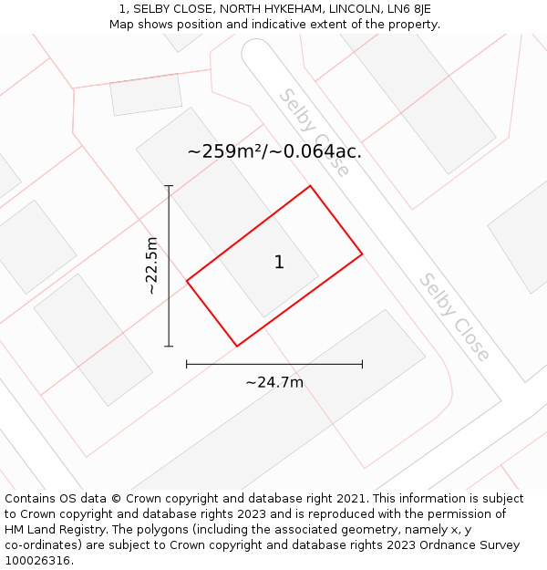 1, SELBY CLOSE, NORTH HYKEHAM, LINCOLN, LN6 8JE: Plot and title map