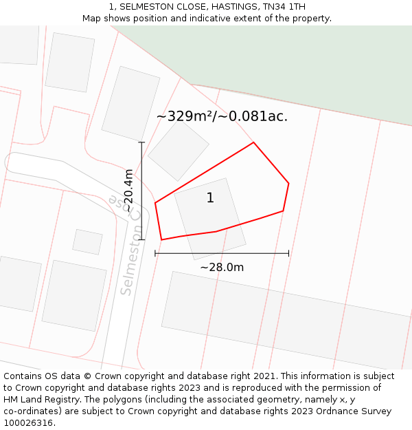 1, SELMESTON CLOSE, HASTINGS, TN34 1TH: Plot and title map