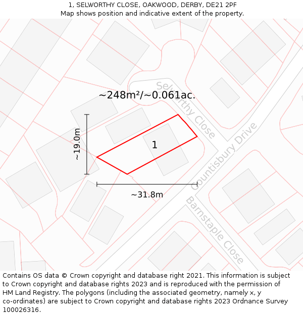 1, SELWORTHY CLOSE, OAKWOOD, DERBY, DE21 2PF: Plot and title map
