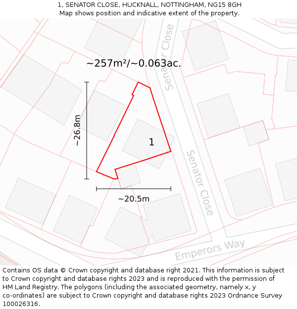 1, SENATOR CLOSE, HUCKNALL, NOTTINGHAM, NG15 8GH: Plot and title map