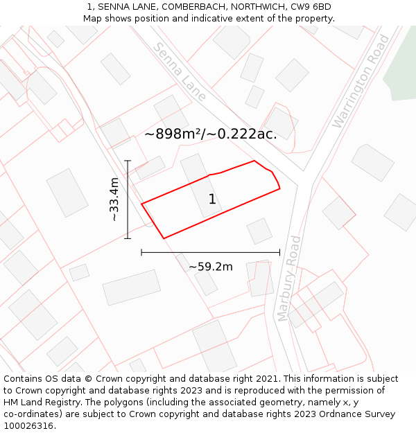 1, SENNA LANE, COMBERBACH, NORTHWICH, CW9 6BD: Plot and title map