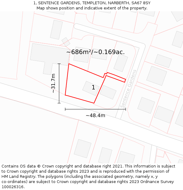 1, SENTENCE GARDENS, TEMPLETON, NARBERTH, SA67 8SY: Plot and title map