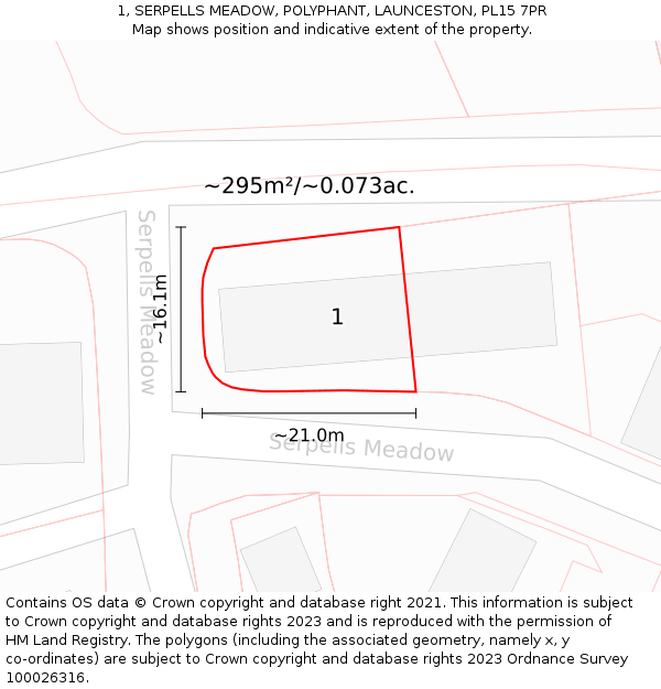 1, SERPELLS MEADOW, POLYPHANT, LAUNCESTON, PL15 7PR: Plot and title map