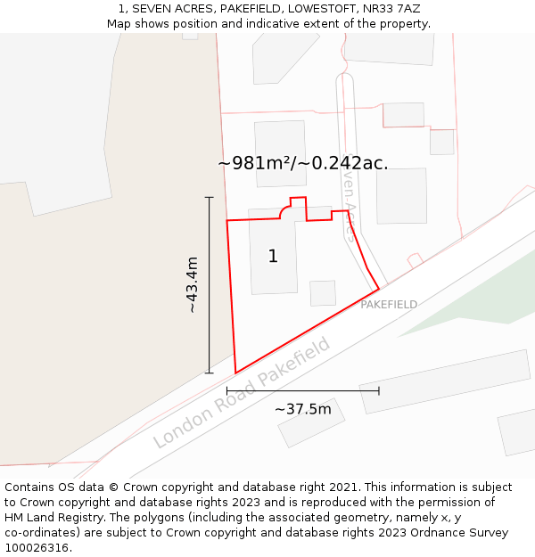 1, SEVEN ACRES, PAKEFIELD, LOWESTOFT, NR33 7AZ: Plot and title map