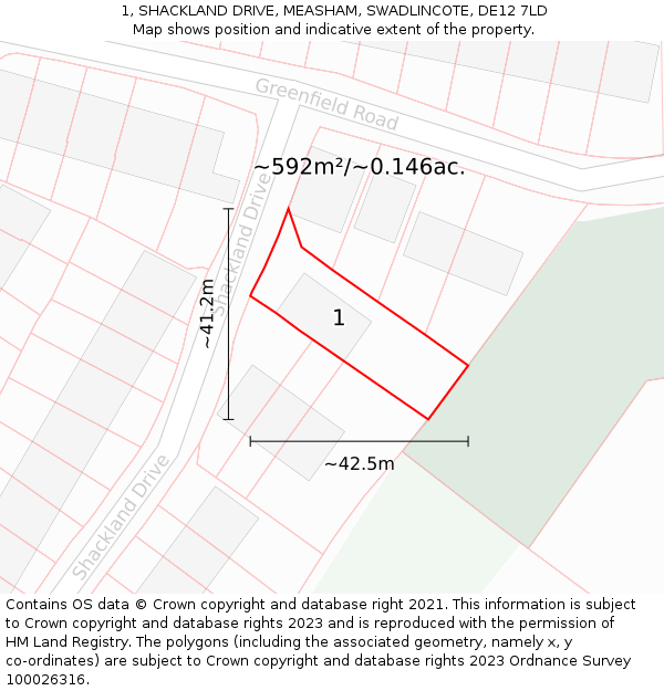 1, SHACKLAND DRIVE, MEASHAM, SWADLINCOTE, DE12 7LD: Plot and title map