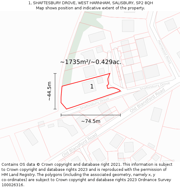 1, SHAFTESBURY DROVE, WEST HARNHAM, SALISBURY, SP2 8QH: Plot and title map