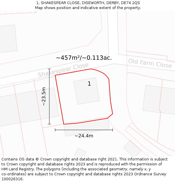 1, SHAKESPEAR CLOSE, DISEWORTH, DERBY, DE74 2QS: Plot and title map