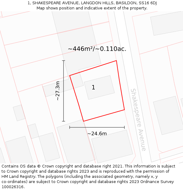 1, SHAKESPEARE AVENUE, LANGDON HILLS, BASILDON, SS16 6DJ: Plot and title map