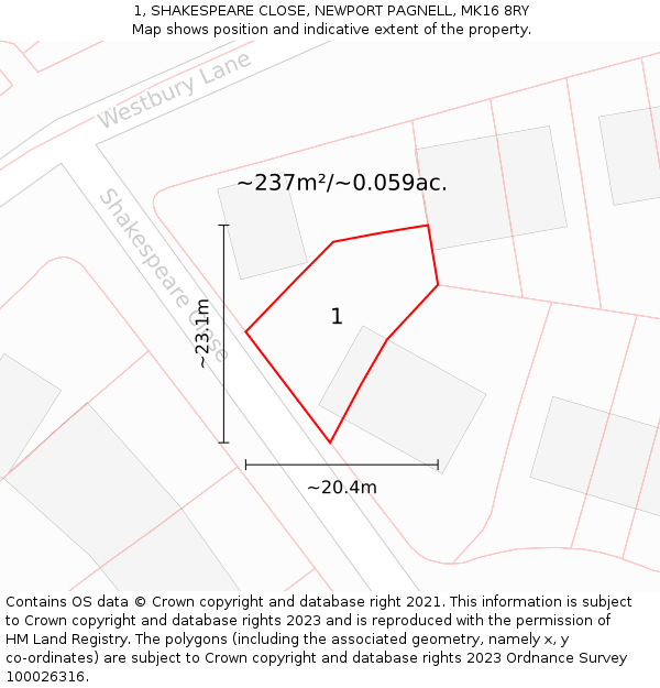 1, SHAKESPEARE CLOSE, NEWPORT PAGNELL, MK16 8RY: Plot and title map