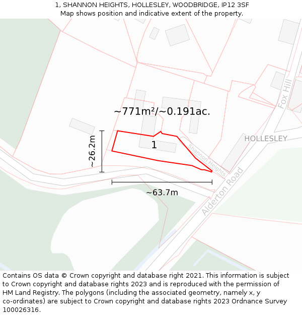 1, SHANNON HEIGHTS, HOLLESLEY, WOODBRIDGE, IP12 3SF: Plot and title map