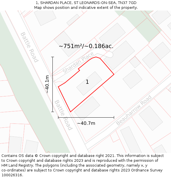 1, SHARDAN PLACE, ST LEONARDS-ON-SEA, TN37 7GD: Plot and title map
