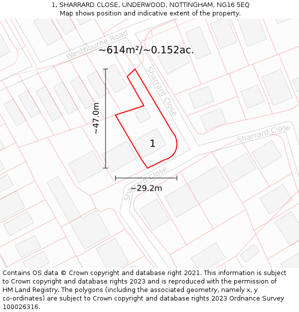 1, SHARRARD CLOSE, UNDERWOOD, NOTTINGHAM, NG16 5EQ: Plot and title map