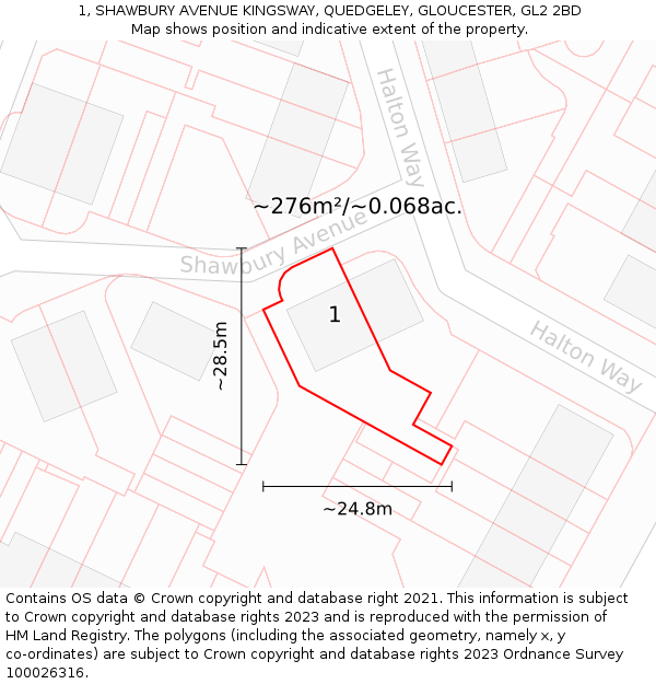 1, SHAWBURY AVENUE KINGSWAY, QUEDGELEY, GLOUCESTER, GL2 2BD: Plot and title map