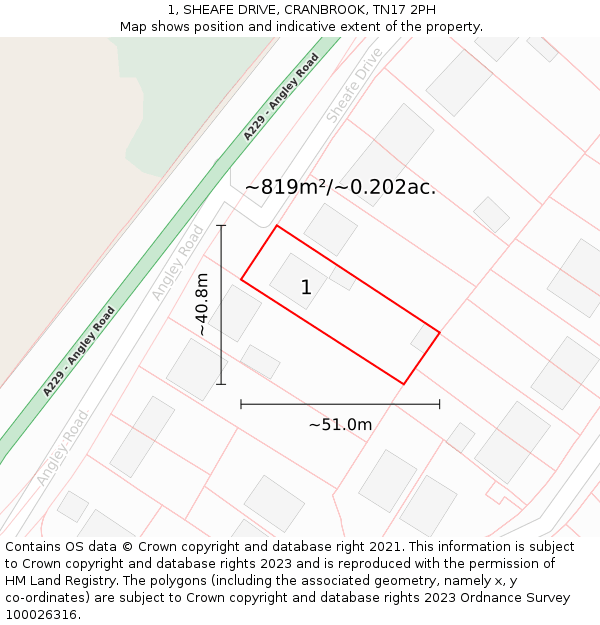 1, SHEAFE DRIVE, CRANBROOK, TN17 2PH: Plot and title map