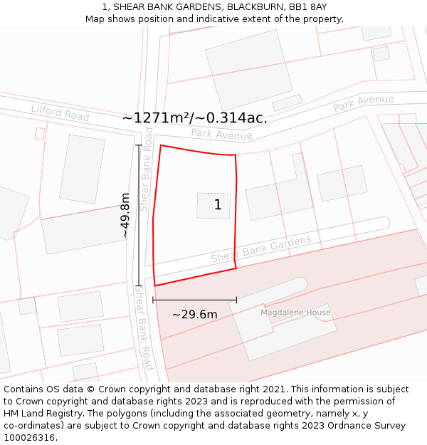 1, SHEAR BANK GARDENS, BLACKBURN, BB1 8AY: Plot and title map