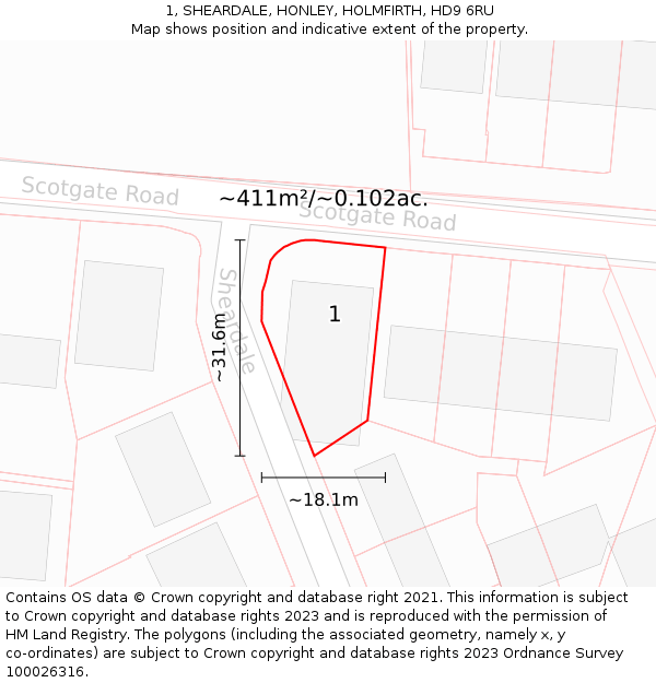 1, SHEARDALE, HONLEY, HOLMFIRTH, HD9 6RU: Plot and title map