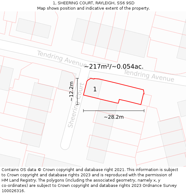 1, SHEERING COURT, RAYLEIGH, SS6 9SD: Plot and title map
