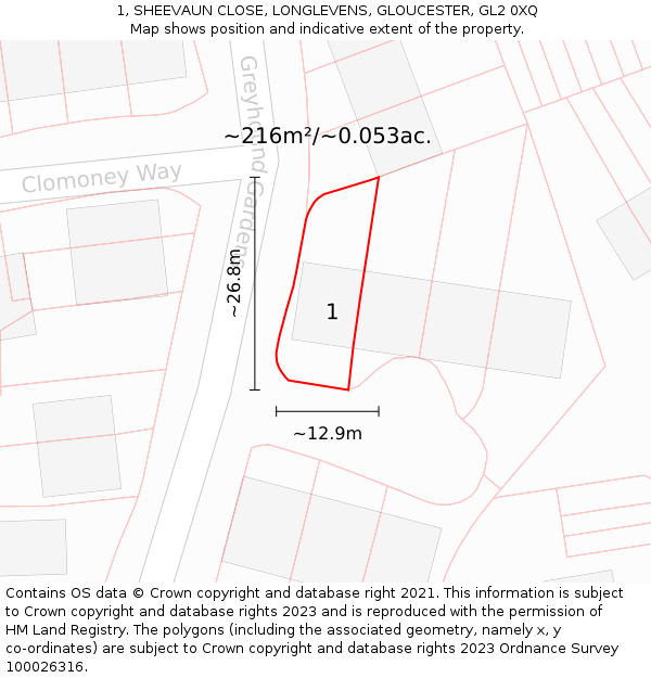 1, SHEEVAUN CLOSE, LONGLEVENS, GLOUCESTER, GL2 0XQ: Plot and title map