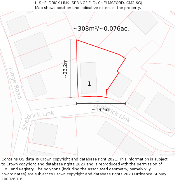 1, SHELDRICK LINK, SPRINGFIELD, CHELMSFORD, CM2 6GJ: Plot and title map