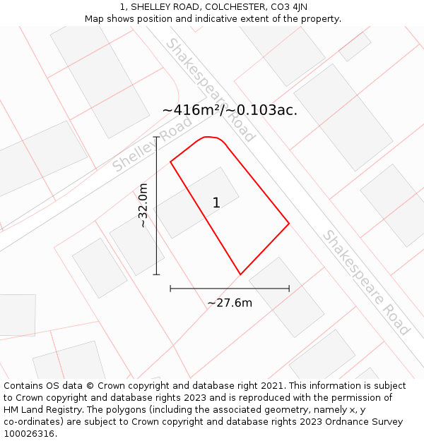 1, SHELLEY ROAD, COLCHESTER, CO3 4JN: Plot and title map