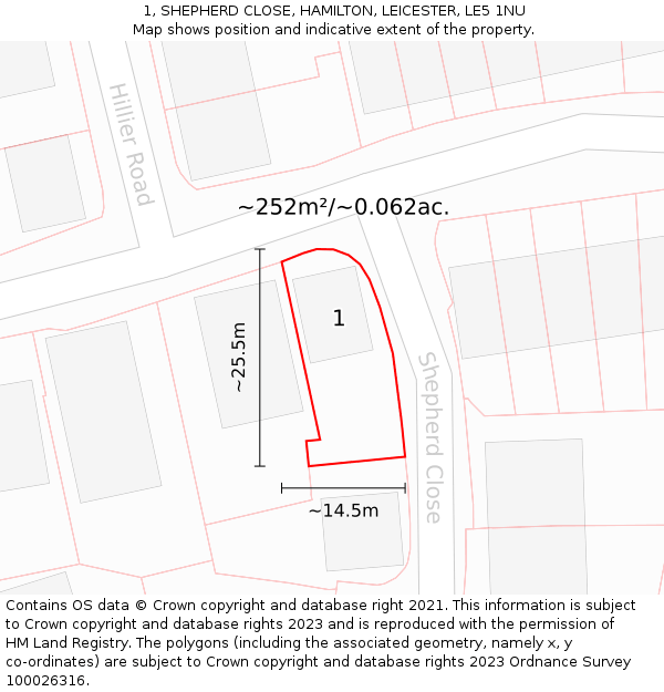 1, SHEPHERD CLOSE, HAMILTON, LEICESTER, LE5 1NU: Plot and title map