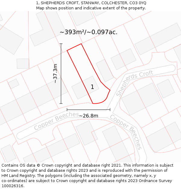 1, SHEPHERDS CROFT, STANWAY, COLCHESTER, CO3 0YQ: Plot and title map