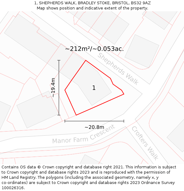 1, SHEPHERDS WALK, BRADLEY STOKE, BRISTOL, BS32 9AZ: Plot and title map