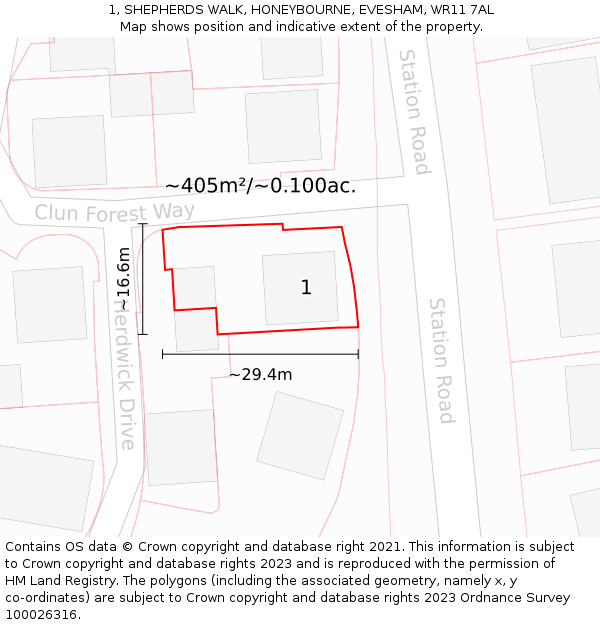 1, SHEPHERDS WALK, HONEYBOURNE, EVESHAM, WR11 7AL: Plot and title map