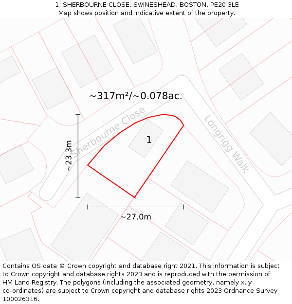 1, SHERBOURNE CLOSE, SWINESHEAD, BOSTON, PE20 3LE: Plot and title map