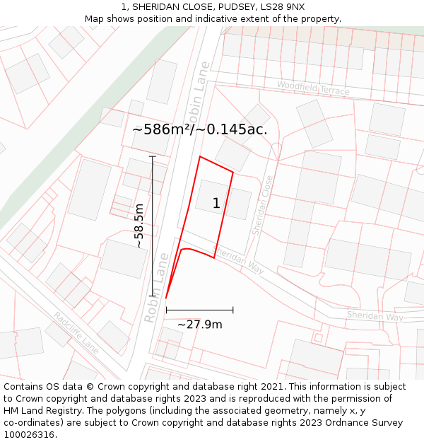 1, SHERIDAN CLOSE, PUDSEY, LS28 9NX: Plot and title map