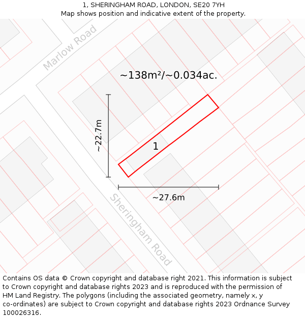 1, SHERINGHAM ROAD, LONDON, SE20 7YH: Plot and title map