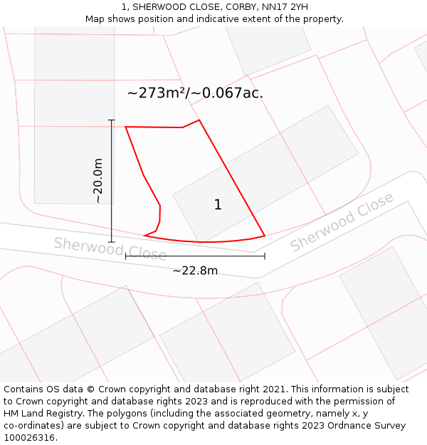 1, SHERWOOD CLOSE, CORBY, NN17 2YH: Plot and title map