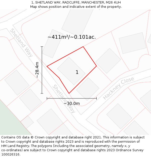 1, SHETLAND WAY, RADCLIFFE, MANCHESTER, M26 4UH: Plot and title map