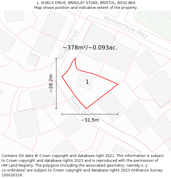 1, SHIELS DRIVE, BRADLEY STOKE, BRISTOL, BS32 8EA: Plot and title map