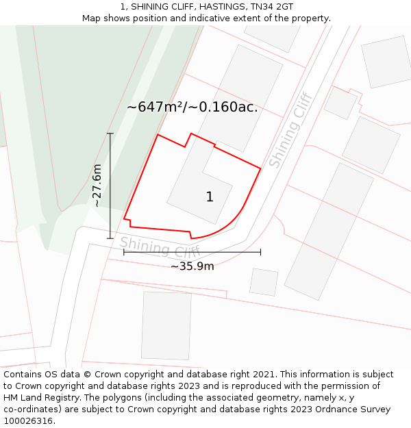 1, SHINING CLIFF, HASTINGS, TN34 2GT: Plot and title map