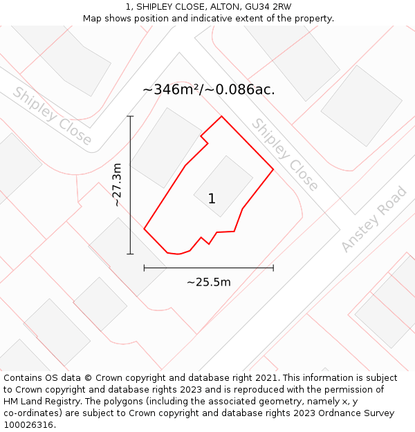 1, SHIPLEY CLOSE, ALTON, GU34 2RW: Plot and title map