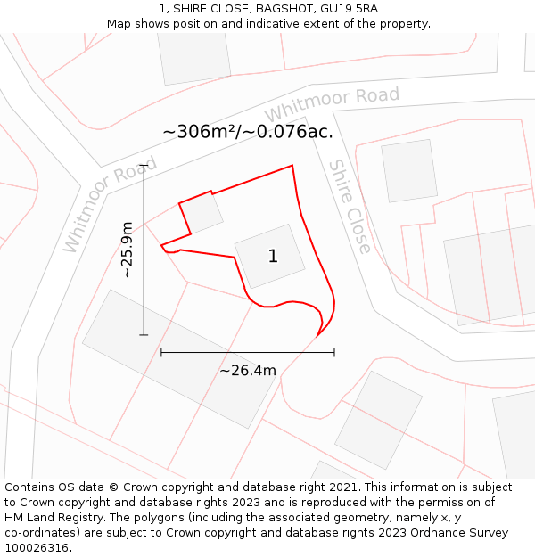 1, SHIRE CLOSE, BAGSHOT, GU19 5RA: Plot and title map