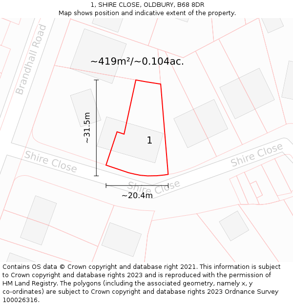 1, SHIRE CLOSE, OLDBURY, B68 8DR: Plot and title map