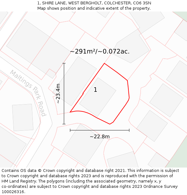 1, SHIRE LANE, WEST BERGHOLT, COLCHESTER, CO6 3SN: Plot and title map